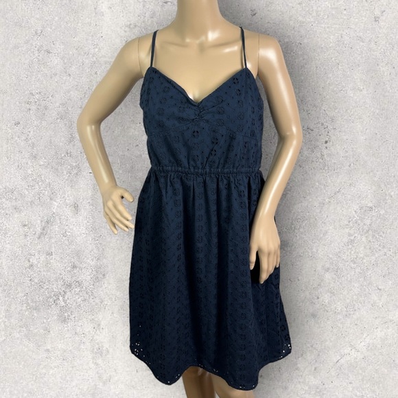 J Crew Navy Blue Eyelet Knee Length Summer Dress Womens Size XL Flare Sweetheart - Picture 10 of 14